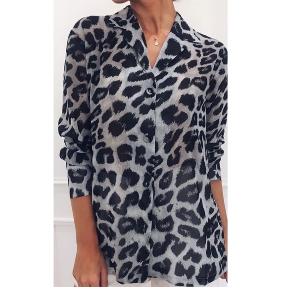 Grey Leopard Print Long Sleeve Button Down Blouse - Picture 2 of 3